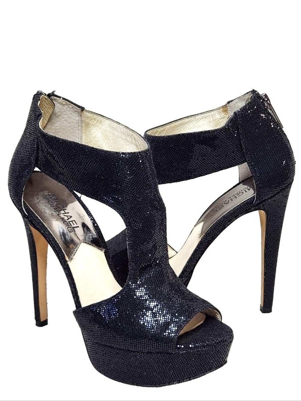 MICHAEL KORS Sparkle Platform Heels Sz 7 Black Ankle T-Strap Cut-Out Back Zip